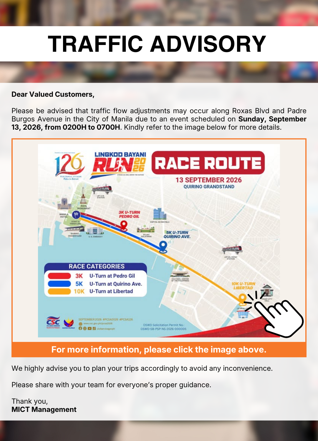 Advisory Traffic Advisory: Road Closures in the City of Manila on Sunday, September 13, 2026